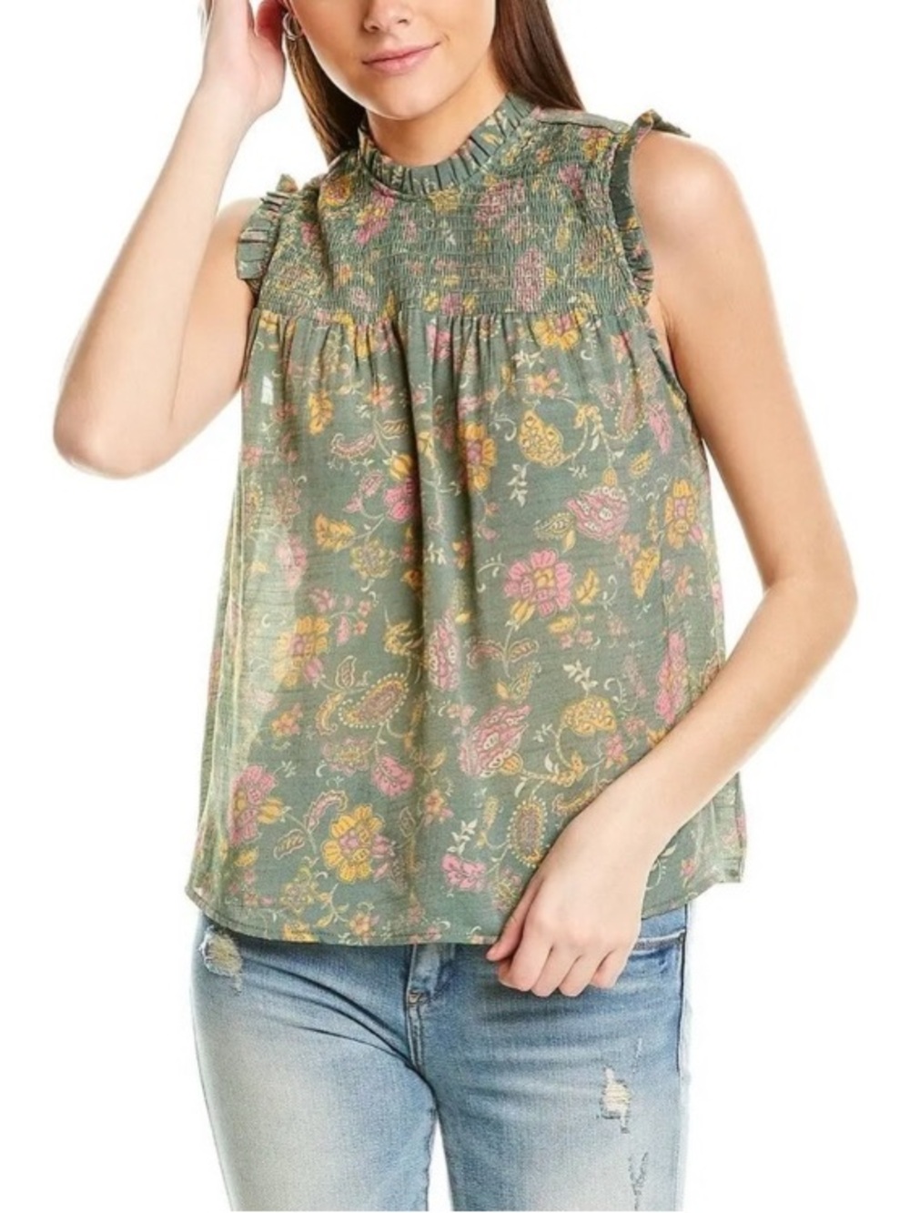 Nanette Lepore Olive Green Floral Smocked Ruffle Sleeveless Blouse size medium